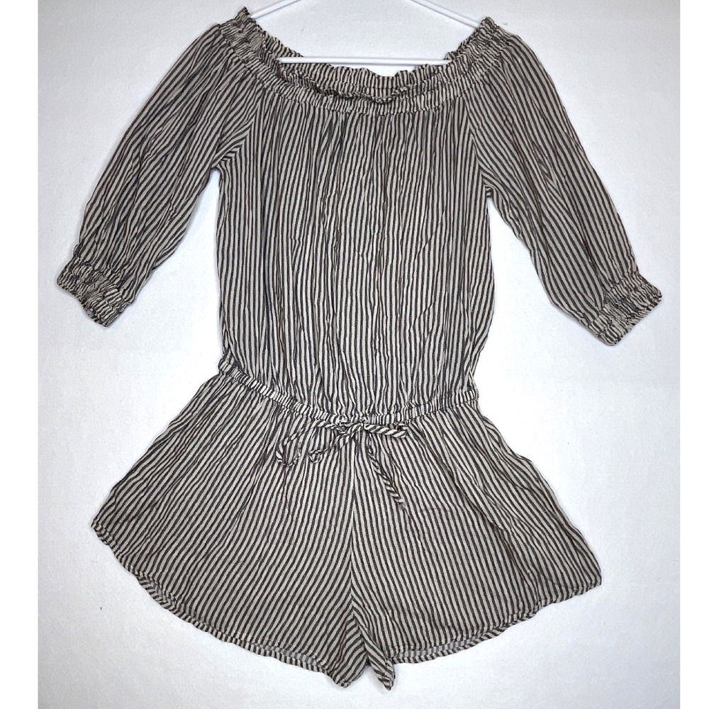 Eberjey Women Romper Pajamas Off Shoulder Ticking Stripe S/M Blue Cream